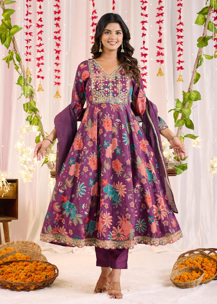 Luxurious Chanderi Anarkali Suit - Flattering V-Neck, 3/4th Sleeves