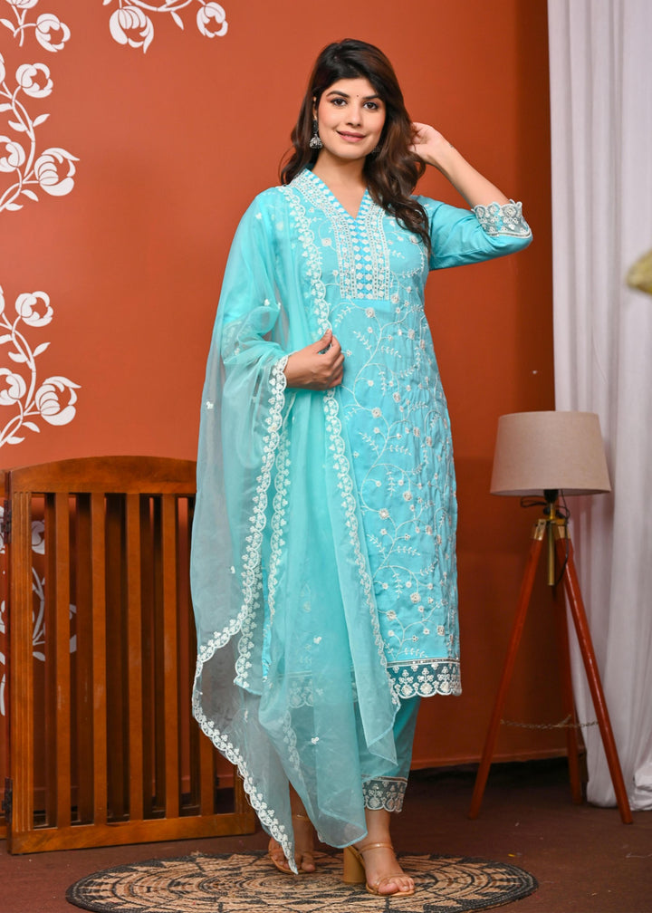 Elegant Sea Green & Yellow Cotton Kurta Set - V-Neck, Straight Fit, 3/4 Sleeves