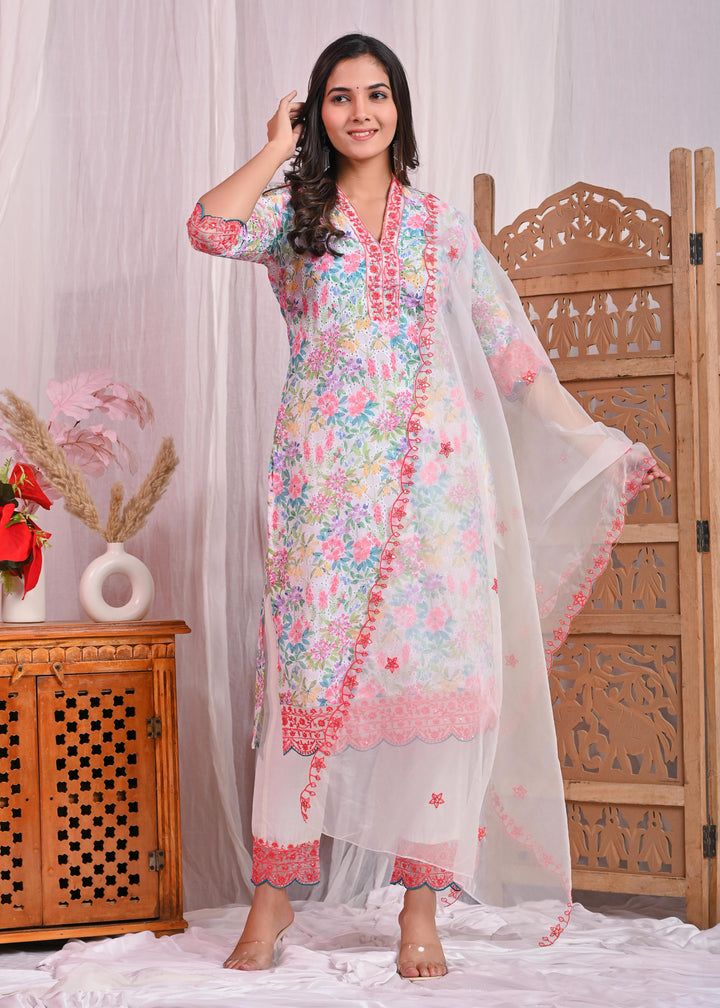 Pink Cotton Sifli Kurta Set - Straight Fit with V-Neck & 3/4th Sleeves (Sizes M to XXL)