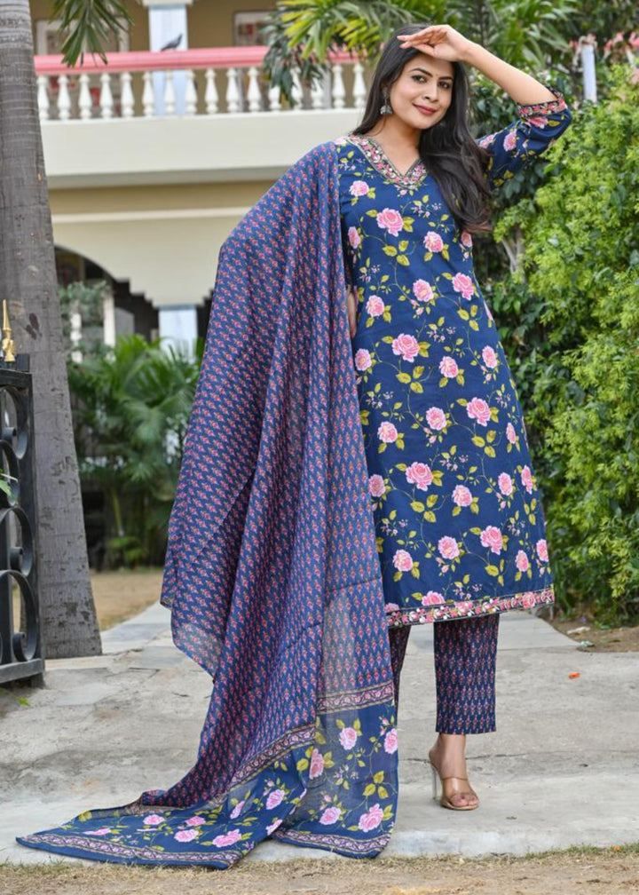 Cotton Straight Kurta Set - V-Neck, 3/4th Sleeves (M to XXL)
