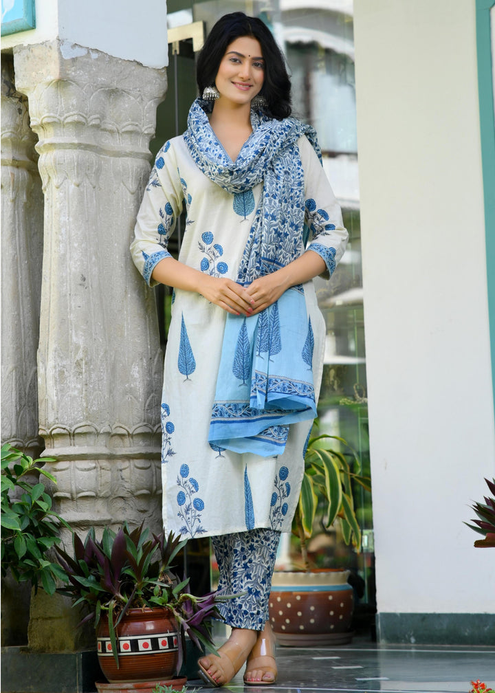 Chic Blue, Pink & Yellow Cotton Kurta Set - Straight Fit, V-Neck, 3/4 Sleeves