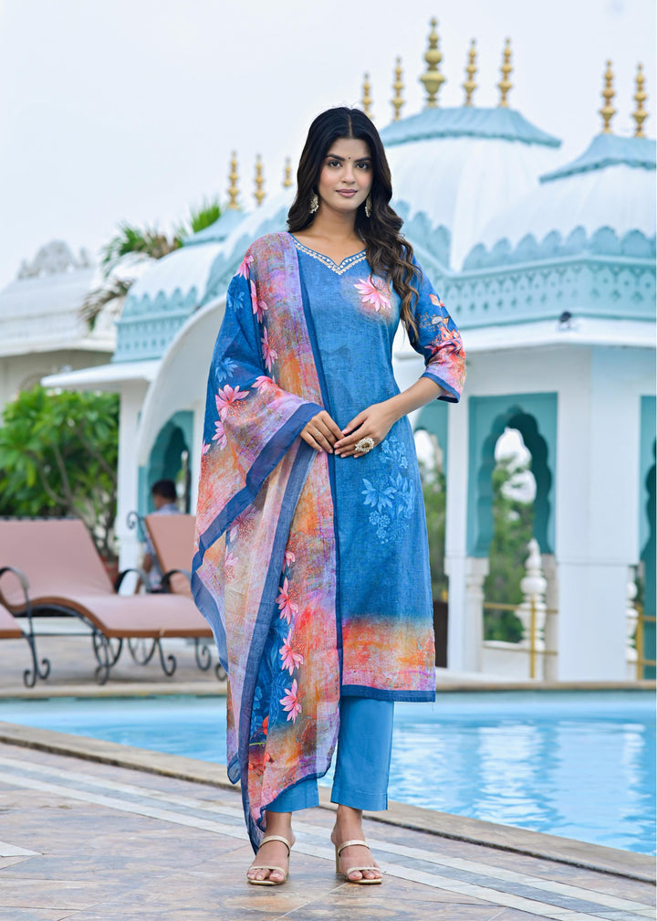 Classic Cotton Kurta Set with V-Neck & 3/4 Sleeves – Blue & Red