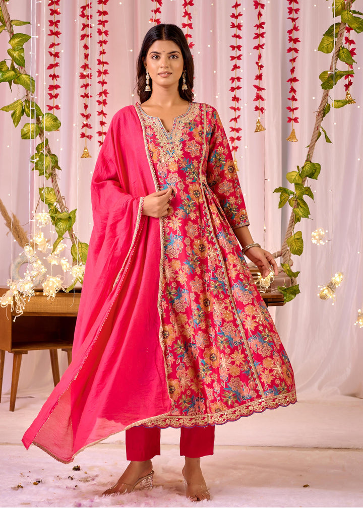 Elegant Pink Chanderi Anarkali Suit - V-Neckline, 3/4th Sleeves, Perfect for Festive Occasions