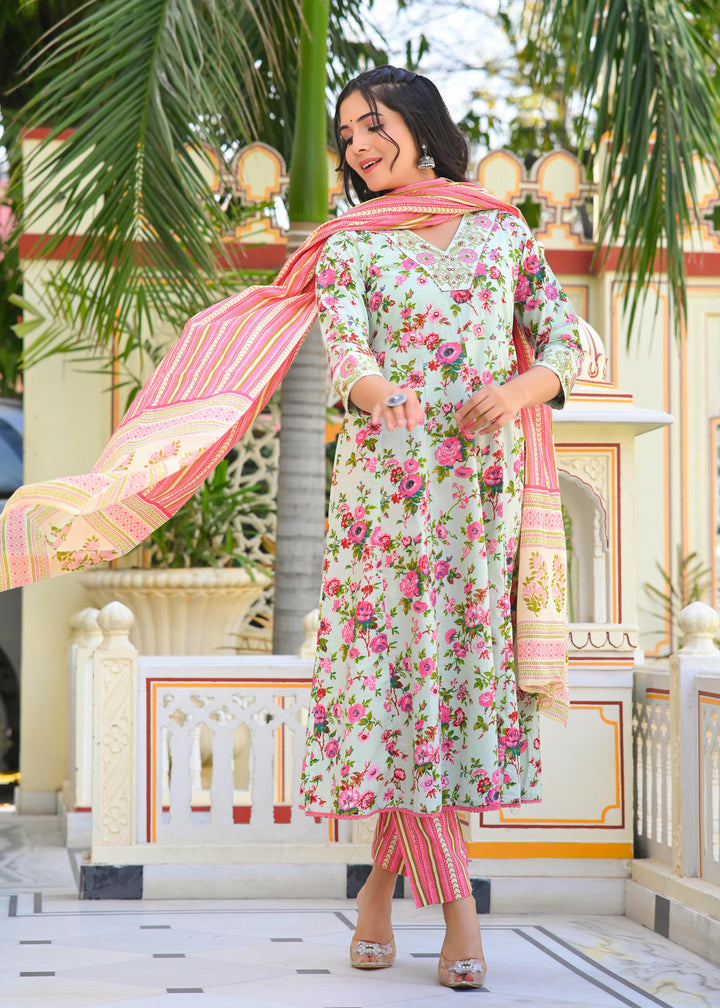 Cotton Anarkali Suit with V-Neck & 3/4 Sleeves – Pink, Blue & Magenta
