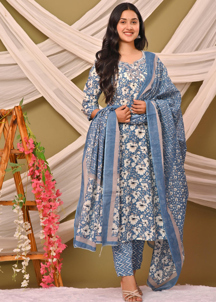 Straight Fit Cotton Kurta Set with Sweetheart Neck & 3/4 Sleeves – Blue, Purple & Pink