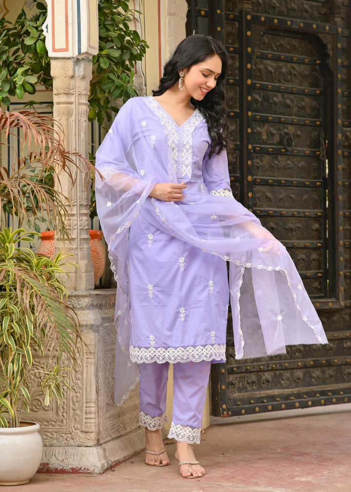 Elegant  Embroidered Cotton Kurta Set - Straight Fit with V-Neck and 3/4 Sleeves