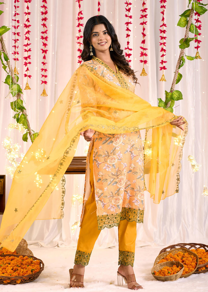 Elegant Cotton Sifli Kurta Set - Straight Cut, 3/4th Sleeves, V-Neck Design