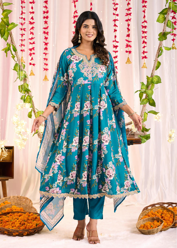 Elegant Muslin Anarkali Suit - Sweetheart Neckline, 3/4th Sleeves