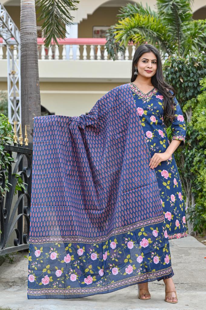 Cotton Straight Kurta Set - V-Neck, 3/4th Sleeves (M to XXL)