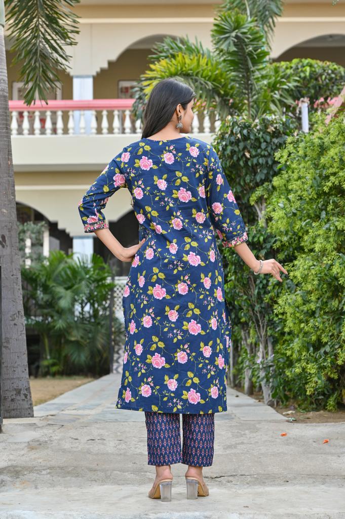 Cotton Straight Kurta Set - V-Neck, 3/4th Sleeves (M to XXL)