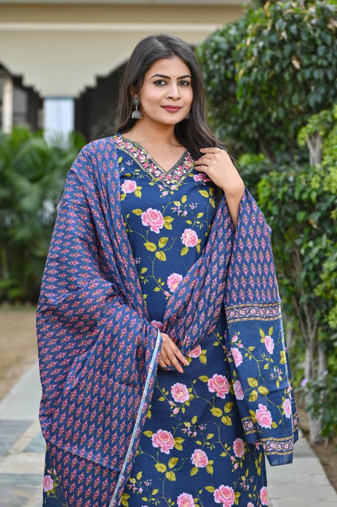 Cotton Straight Kurta Set - V-Neck, 3/4th Sleeves (M to XXL)