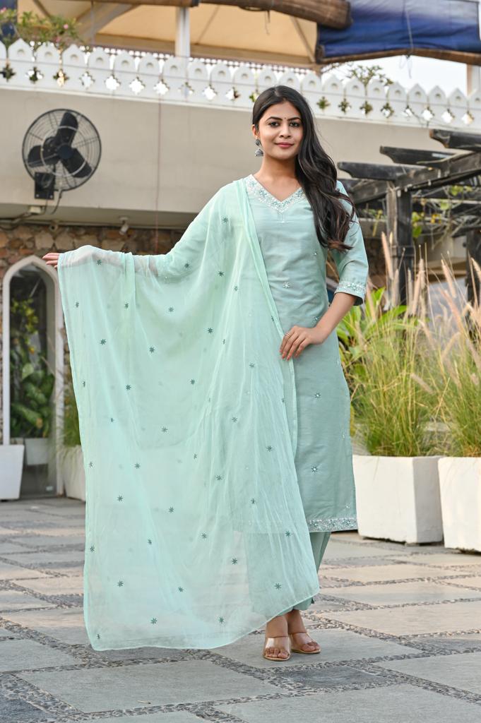 Stylish Cotton Roman Silk Kurta Set - Straight Pattern, 3/4th Sleeve, V-Neck Design
