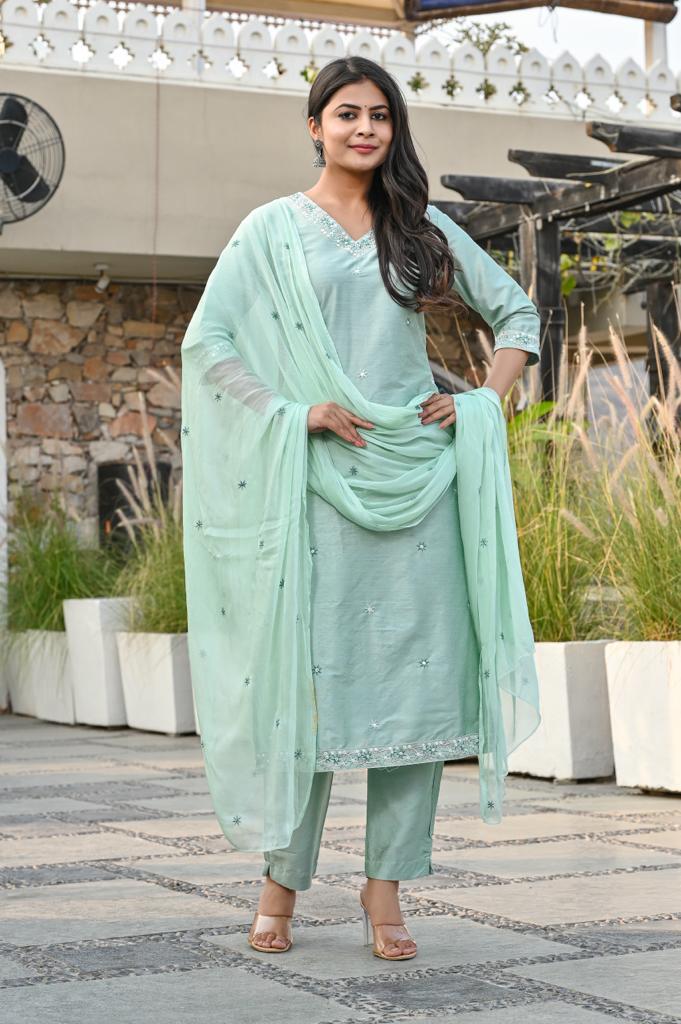 Stylish Cotton Roman Silk Kurta Set - Straight Pattern, 3/4th Sleeve, V-Neck Design