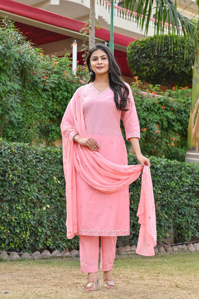Stylish Cotton Roman Silk Kurta Set - Straight Pattern, 3/4th Sleeve, V-Neck Design