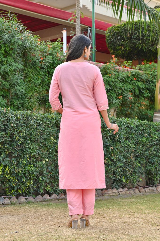 Stylish Cotton Roman Silk Kurta Set - Straight Pattern, 3/4th Sleeve, V-Neck Design