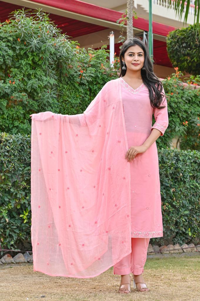 Stylish Cotton Roman Silk Kurta Set - Straight Pattern, 3/4th Sleeve, V-Neck Design