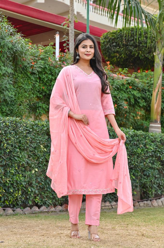 Stylish Cotton Roman Silk Kurta Set - Straight Pattern, 3/4th Sleeve, V-Neck Design