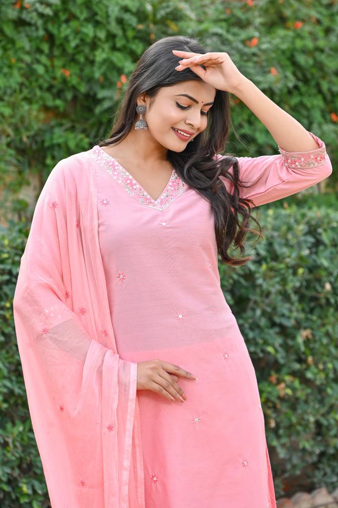 Stylish Cotton Roman Silk Kurta Set - Straight Pattern, 3/4th Sleeve, V-Neck Design