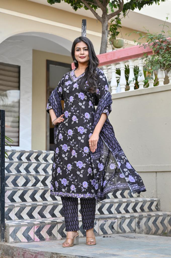Cotton Straight Kurta Set - V-Neck, 3/4th Sleeves (M to XXL)