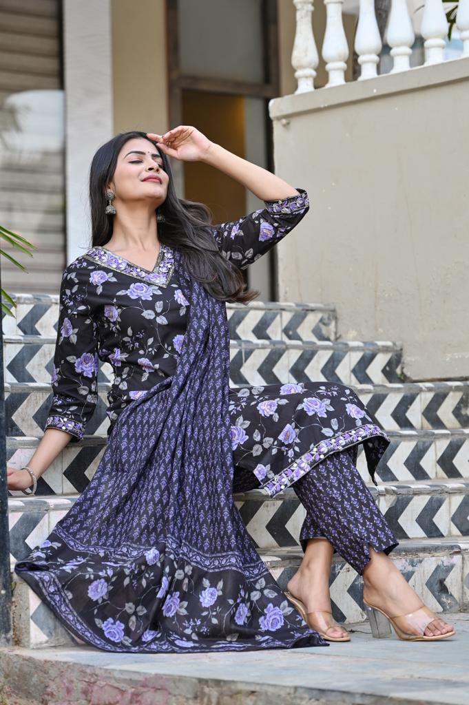 Cotton Straight Kurta Set - V-Neck, 3/4th Sleeves (M to XXL)