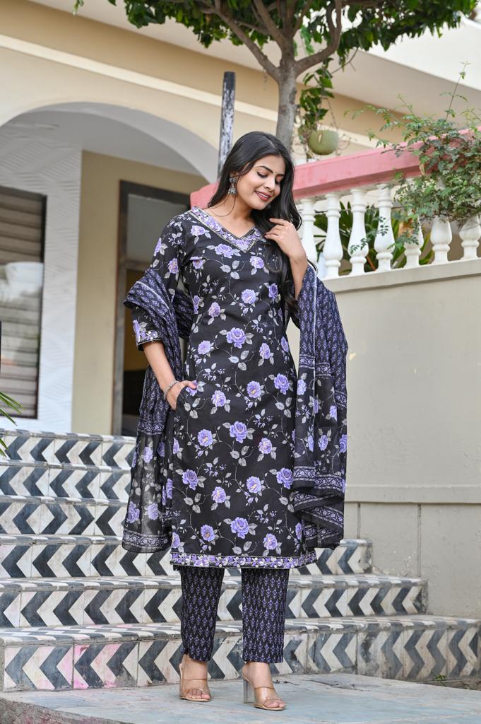 Cotton Straight Kurta Set - V-Neck, 3/4th Sleeves (M to XXL)