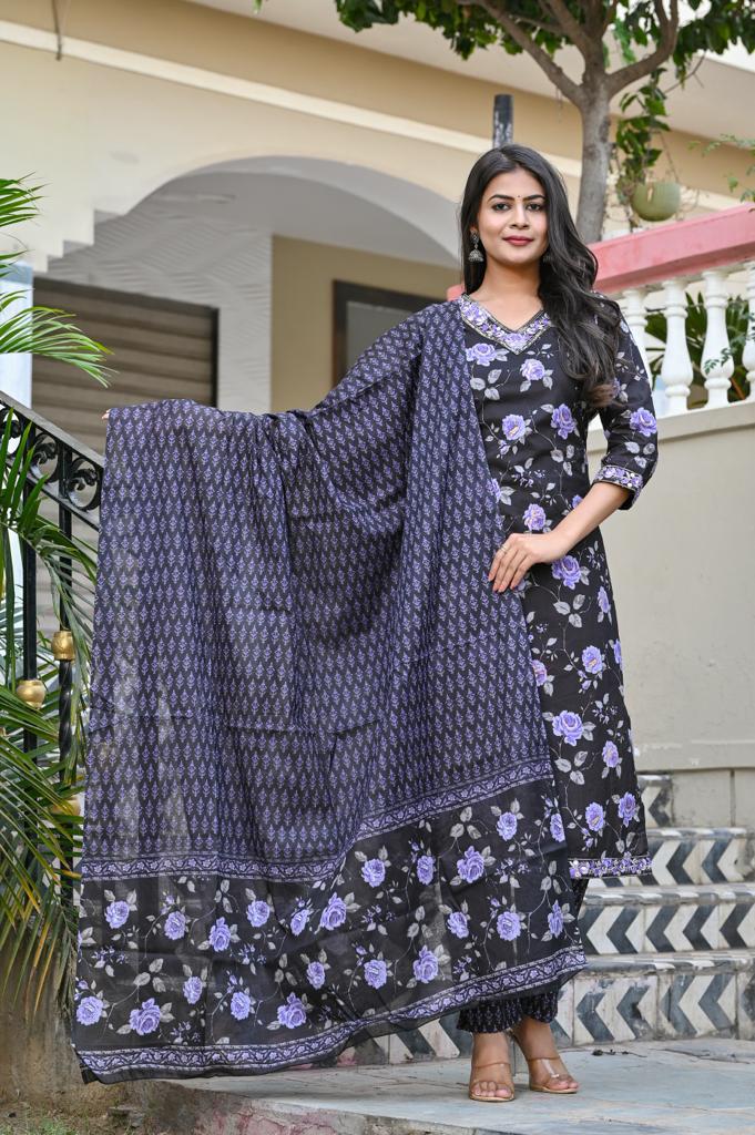 Cotton Straight Kurta Set - V-Neck, 3/4th Sleeves (M to XXL)