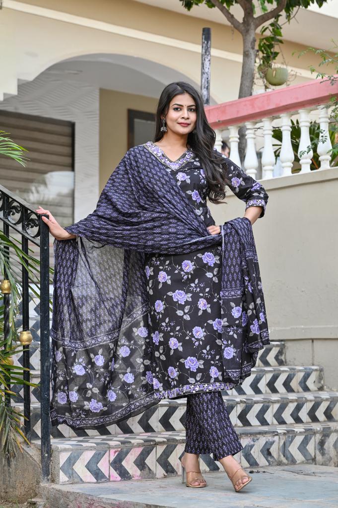 Cotton Straight Kurta Set - V-Neck, 3/4th Sleeves (M to XXL)