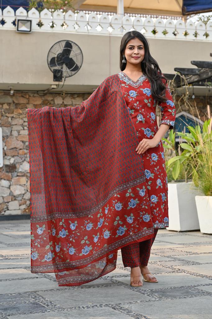 Cotton Straight Kurta Set - V-Neck, 3/4th Sleeves (M to XXL)
