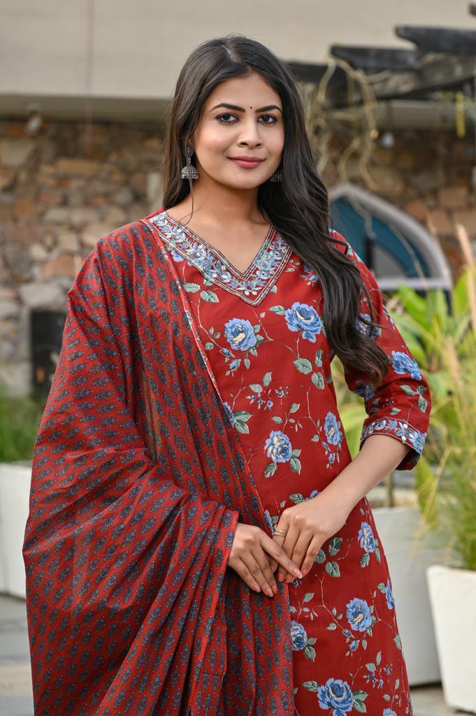 Cotton Straight Kurta Set - V-Neck, 3/4th Sleeves (M to XXL)