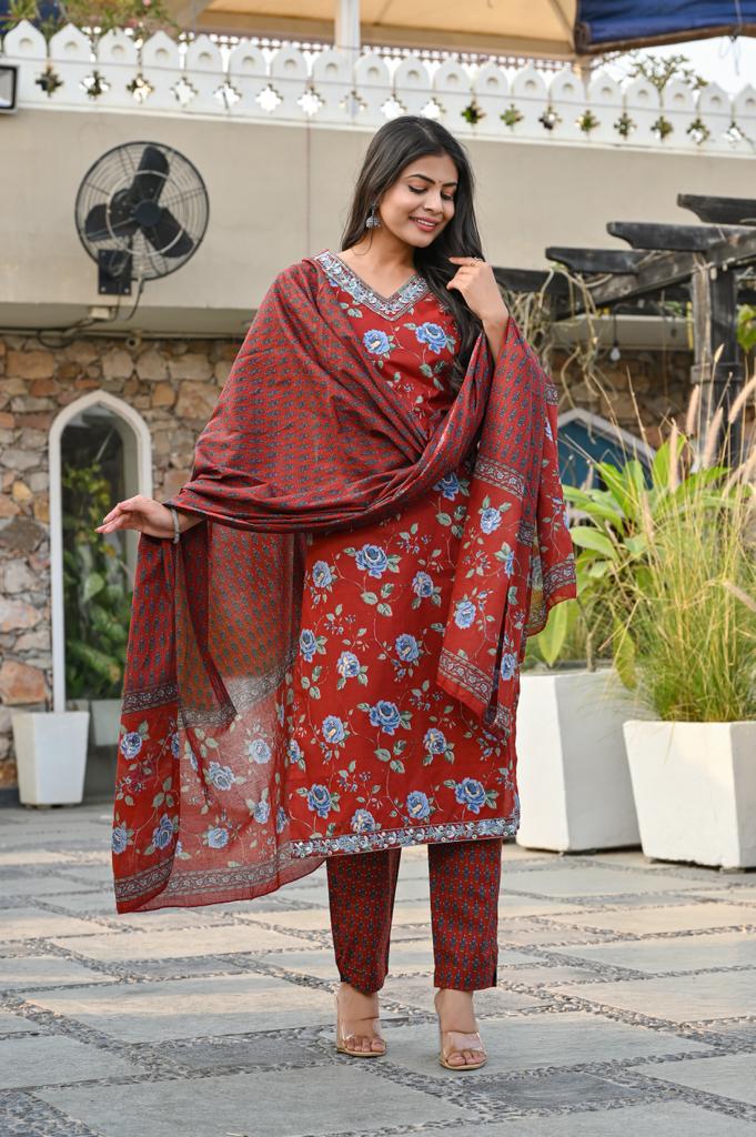 Cotton Straight Kurta Set - V-Neck, 3/4th Sleeves (M to XXL)