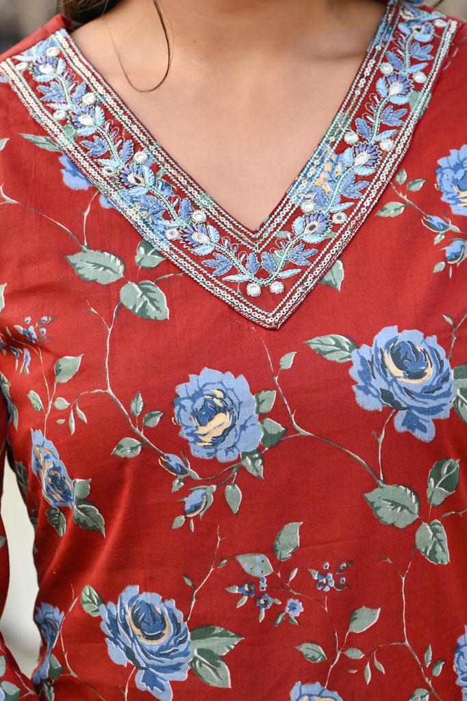 Cotton Straight Kurta Set - V-Neck, 3/4th Sleeves (M to XXL)